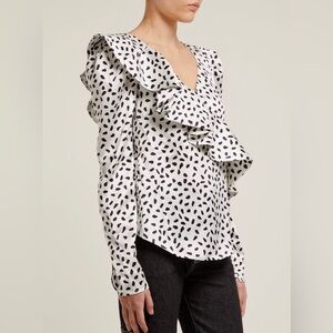2020 Self Portrait Satin Black & White Dotted Ruffe Blouse